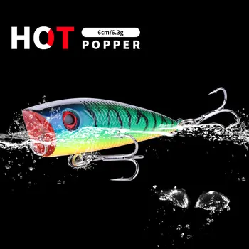 HENGJIA Topwater Popper Balıkçılık Cazibesi 6cm / 6.5 g Sert Yem Yapay Topwater Bas Alabalık Pike Wobbler Olta Takımı 2