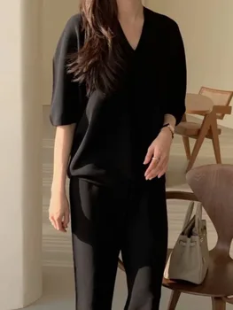 Sonbahar Kore Moda Rahat Örme İki Parçalı Set Kadın Gevşek Kazak Kazak Tops + Geniş Bacak Pantolon Takım Elbise Triko 2 Parça Set 0
