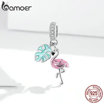 Bamoer 925 Ayar Gümüş Emaye Pembe Flamingo kolye uçları Kadınlar için 3mm Yılan Bilezik veya Kolye DIY BSC277