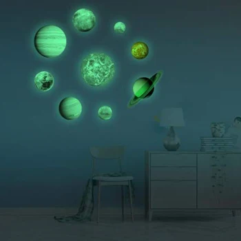 9 Adet / takım 9 Gezegen Güneş Sistemi Floresan Duvar Sopa Evren Gezegen Galaxy Çocuk Odası Yatak Odası Aydınlık duvar çıkartmaları 4