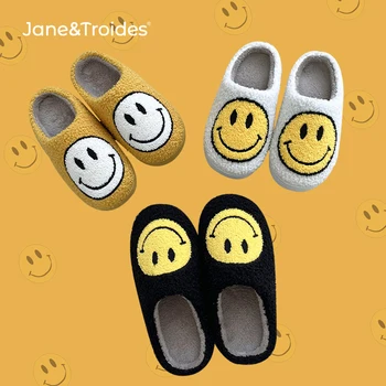 Jane Troides Kış Kadın Gülen Desen Kürk Terlik Ev Kapalı Erkekler Kabarık Slaytlar Sonbahar Sıcak Peluş Yatak Odası Bayanlar pamuklu ayakkabı 0