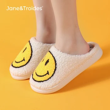Jane Troides Kış Kadın Gülen Desen Kürk Terlik Ev Kapalı Erkekler Kabarık Slaytlar Sonbahar Sıcak Peluş Yatak Odası Bayanlar pamuklu ayakkabı 1
