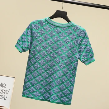 Yaz Pist 2022 Retro örme tişört Kadın Yeşil / Pembe İnce Sequins Boncuk Yay Kazak Femme Rahat Kısa Kollu Üst Tees