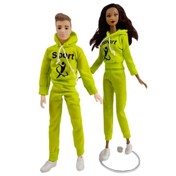 Yeşil Çift Sevgilisi Spor Giyim barbie oyuncak bebek Giysileri Seti Kıyafetler Ken erkek oyuncak bebek 1/6 Hoodies Ceket Pantolon Pantolon Ayakkabı Oyuncaklar 1