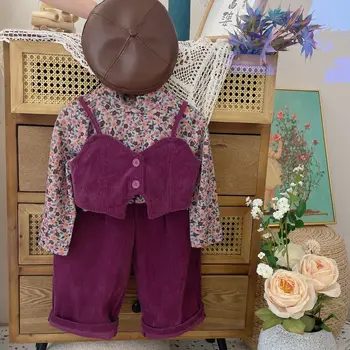 Bebek Kız Sonbahar Kadife Elbise Seti Çocuklar İçin 3 ADET Giyim Gömlek + Yelek + Pantolon Çocuk Kız Sonbahar Kıyafetler Çocuk Takım Elbise 아동복