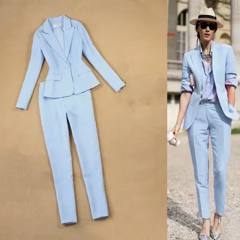 Ofis kadın takım elbise iki parçalı yüksek kaliteli 2019 sonbahar ince uzun kollu gök mavisi takım elbise ceket kadın Rahat kırpılmış pantolon takım elbise