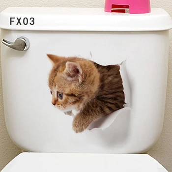 Kedi Kırık Delik Desen Tuvalet Sticker Wc Yıkama Odası Ev Dekorasyon Canlı 3d Duvar Çıkartmaları Pvc Hayvan Duvar Sanatı Çıkartmaları Posteri YENİ 0
