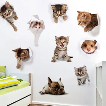 Kedi Kırık Delik Desen Tuvalet Sticker Wc Yıkama Odası Ev Dekorasyon Canlı 3d Duvar Çıkartmaları Pvc Hayvan Duvar Sanatı Çıkartmaları Posteri YENİ 2