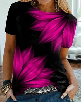 2022 Yaz kadın Tees Soyut Yapraklar 3D Boyama Kadın T Shirt Soyut Baskı Yuvarlak Boyun Temel Vintage Gevşek Artı Boyutu 0