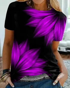 2022 Yaz kadın Tees Soyut Yapraklar 3D Boyama Kadın T Shirt Soyut Baskı Yuvarlak Boyun Temel Vintage Gevşek Artı Boyutu 5