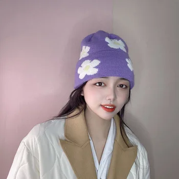 6 Renkler Açık Kış Kadın Şapka Yün Örme Çiçek Desen Düz Renk Sıcak Tutmak Rahat Şapka