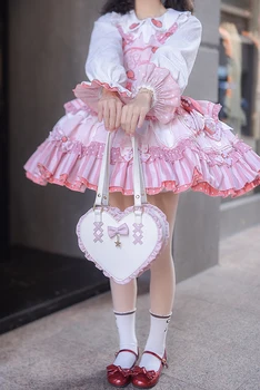 Kawaii Yay Düğüm Kalp Şeklinde Tasarım Çantalar ve Çanta Kadın Lolita omuzdan askili çanta Dikiş Renk Deri Japon Çanta Yeni