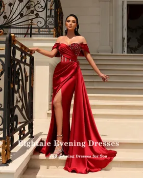 Eightale Zarif Akşam Elbise Düğün Parti için Saten kapalı Omuz Boncuklu Yan Bölünmüş Pleats Arapça Dubai Kırmızı Balo abiye