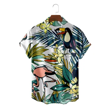 Moda havai gömleği Erkekler İçin Yaz Plaj Giysileri Flamingo Çizim Camisa Blusas Bluzlar Düğme Streetwear Chemise