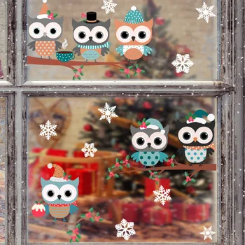 Şube Kuş Duvar Kağıdı Güzel Baykuş Kar Noel Karikatür duvar çıkartmaları Kahve Dükkanı cam çıkartması Çift taraflı Görsel Dekoratif 1