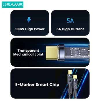 USAMS Buzlu PD 100W Hızlı şarj kablosu 5A USB C Veri macbook için kablo Pro iPad Anahtarı Huawei Xiaomi Samsung tablet telefon Dizüstü Bilgisayar 0