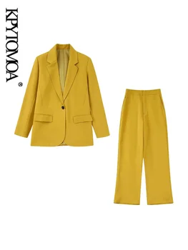 KPYTOMOA Kadın Moda Ön Düğme Blazer Ceket Ve Yüksek Bel Fermuar Fly Pantolon İki Parçalı Setleri Mujer