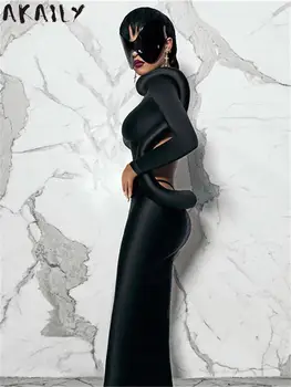Akaily Sonbahar Backless Maxi Elbiseler Kadınlar İçin Moda 2022 Siyah Uzun Kollu Bodycon Seksi Elbise Bayanlar Parti uzun elbise