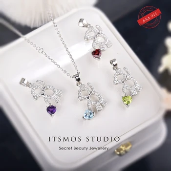 ITSMOS Doğal Topaz Garnet Ametist Ayı Kalp şeklinde Kolye Kolye S925 Ayar Gümüş Kolye Kadınlar için Güzel Takı 3