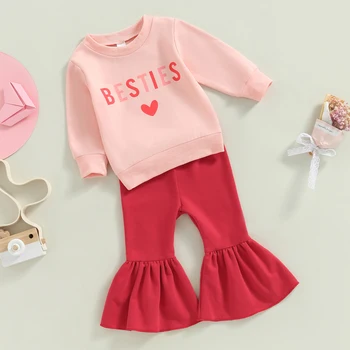 2022-11-24 Lioraitiin 0-4Years Toddler Kız sevgililer Günü Kıyafetler Uzun Kollu Kalp Mektubu Baskı Kazak Flare pantolon seti