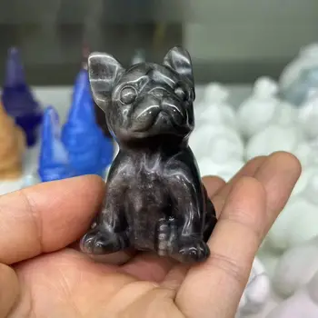 Fransız Bulldog Heykeli Doğal Gümüş Obsidyen Odası Süsleme El Oyma Reiki Heykelcik Şifa Kristalleri Akvaryum Ev Dekor