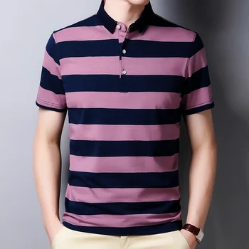 BROWON Marka Çizgili Erkek T-shirt Yaz Turn-Aşağı Yaka kısa kollu tişört Pamuk Slim Fit Akıllı Rahat Iş T Shirt 0