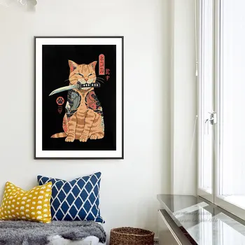 Samurai Kedi Posteri Catana Tuval Boyama İskandinav Japon sanat baskı Modern İlginç Duvar Resmi Oturma Odası Tasarımı İçin 1