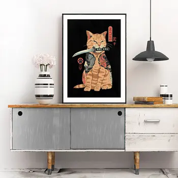 Samurai Kedi Posteri Catana Tuval Boyama İskandinav Japon sanat baskı Modern İlginç Duvar Resmi Oturma Odası Tasarımı İçin 4