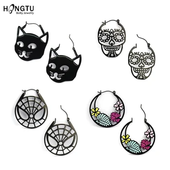 HONGTU 1 Çift Pendientes Mujer Hoop Küpe Paslanmaz Çelik Siyah Renk Kedi / kafatası / çiçek / örümcek Küpe Kadın Küpe Takı