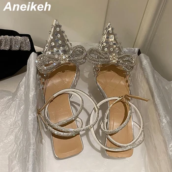 Aneikeh Kristal Payetli İlmek Kadın Pompaları Sandalet Seksi Ayak Bileği Kayışı Yüksek Topuklu Kadın Sandalet Yaz Moda Düğün Balo Ayakkabı