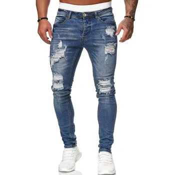 Erkek Yırtık Skinny Jeans Mavi Slim Fit Delik kalem pantolon Casual Biker Pantolon Streetwear 2022 Yüksek Kaliteli Denim Erkek Giyim