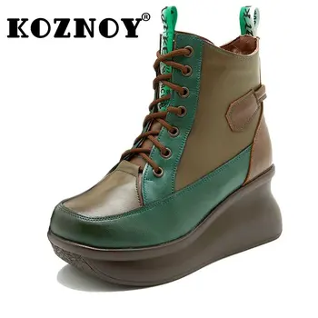 Koznoy Yeni kadın Ceketler Ayakkabı 7 cm Doğal Hakiki Deri Etnik yarım çizmeler Etnik Platformu Kış Karışık Renk Sıcak Peluş 5