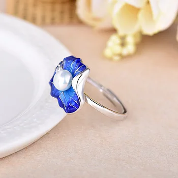 925 Ayar Gümüş Kadın Sevimli Yüzük Parmağı Doğal İnci Boncuk Basit Parti Takı Yüzük Kız Kadınlar için Mavi Emaye Takı