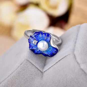 925 Ayar Gümüş Kadın Sevimli Yüzük Parmağı Doğal İnci Boncuk Basit Parti Takı Yüzük Kız Kadınlar için Mavi Emaye Takı 3