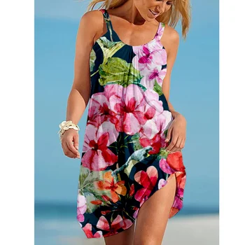 Ördek Kuş Baskı Elbise Midi Bohemian Askı Plaj Elbise Kadın Moda Akşam Parti Elbiseler Zarif Kolsuz Hem Sundress İnce 0