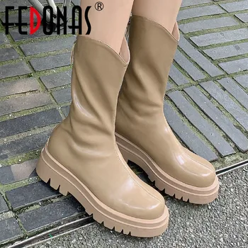 FEDONAS Platformları Kadın Orta Buzağı Çizmeler Sonbahar Kış Çalışma Rahat Kalın Topuklu Yuvarlak Ayak Geri Fermuar Ayakkabı Kadın Yeni Varış 3