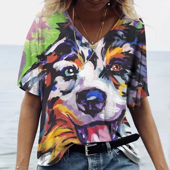 Yaz kadın Tişörtleri Soyut Köpek Baskı T-shirt Kadın Golden Retriever V Yaka Kısa kollu Moda Sokak kadın giyim