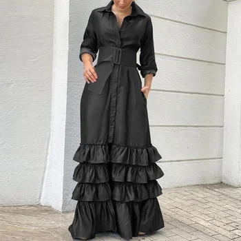 Zarif Moda kadın Uzun Kollu Düz Renk Turn-aşağı Yaka Dantel-up Elbise Kemer Bayanlar Rahat Gevşek uzun elbise