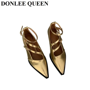 2022 Yeni Sonbahar Flats Ayakkabı Kadın Moda Kalın Topuk Sivri Burun Toka Kayış Altın Gümüş Mary Jane Ayakkabı Kadın Balerin Mujer 1