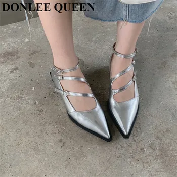 2022 Yeni Sonbahar Flats Ayakkabı Kadın Moda Kalın Topuk Sivri Burun Toka Kayış Altın Gümüş Mary Jane Ayakkabı Kadın Balerin Mujer 2