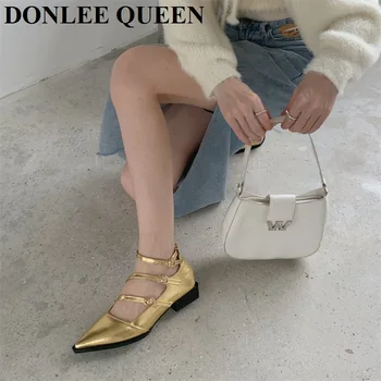 2022 Yeni Sonbahar Flats Ayakkabı Kadın Moda Kalın Topuk Sivri Burun Toka Kayış Altın Gümüş Mary Jane Ayakkabı Kadın Balerin Mujer 3