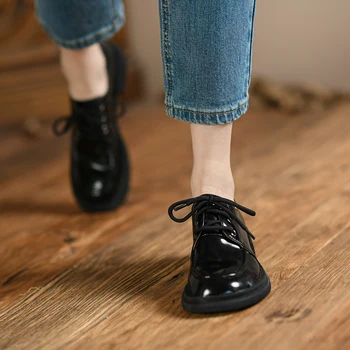 Yeni Bahar 2022 Hakiki Deri Kadın Ayakkabı platform ayakkabılar Retro Rahat dantel-up Oxfords Yuvarlak Ayak Kalın Topuklu Ayakkabı Kadın Pompaları 0
