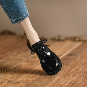 Yeni Bahar 2022 Hakiki Deri Kadın Ayakkabı platform ayakkabılar Retro Rahat dantel-up Oxfords Yuvarlak Ayak Kalın Topuklu Ayakkabı Kadın Pompaları 3