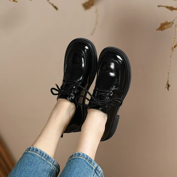 Yeni Bahar 2022 Hakiki Deri Kadın Ayakkabı platform ayakkabılar Retro Rahat dantel-up Oxfords Yuvarlak Ayak Kalın Topuklu Ayakkabı Kadın Pompaları 5