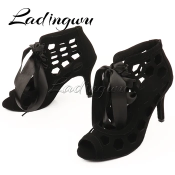Ladingwu 2021 Yeni latin Dans Ayakkabıları Kadın Siyah Süet Salsa Dans Ayakkabıları Kızlar Balo Salonu Dans Ayakkabıları Lazer İçi Boş Sandalet