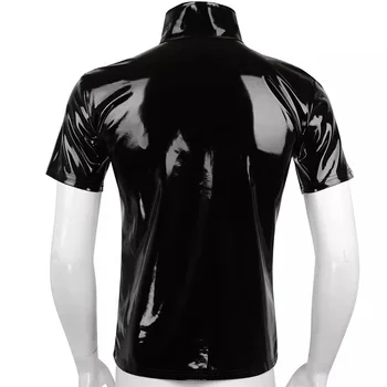 Thoshine Marka Erkek Rugan polo gömlekler Parlak Elastik Erkek Moda PVC Suni Deri Gömlek Şekillendirme Parlak T-shirt Camisa