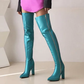Yeni Düz Renk Sivri Burun Tıknaz Topuk Yan Fermuar Renkli Over-the-diz Çizmeler Artı Boyutu kadın Çizmeler 4