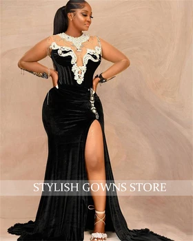 Siyah Kadife O Boyun Akşam Elbise Boncuklu Kristal Elmas balo kıyafetleri 2022 Yüksek Yarık Doğum Günü Partisi Elbisesi Mermaid Robe De Bal 1