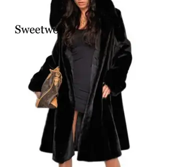 Kadın Mont Kadın Sonbahar Kış Gevşek Faux Kürk Ceket Uzun Kapşonlu Siyah Renk Kürk Ceket Büyük Boy 1