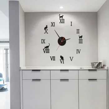 DIY Kedi Tasarım duvar saati Modern Ev Dekor Büyük Roma Numarası Ayna Modern Kuvars Saatler Oturma Odası İzle Saatler Çıkartmalar